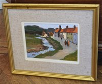 Lot 269 - Donald McIntyre, "Village by a Stream", acrylic.