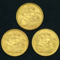 Lot 254 - Three gold sovereigns, 1896, 1906, 1911