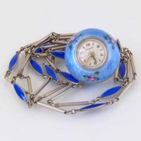 Lot 343 - Swiss blue enamel fob watch on chain.