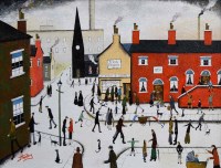 Lot 363 - John Hanley, Cod, Chips, Peas and Pies, oil.