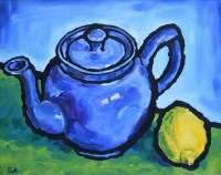 Lot 377 - Malcolm Croft, Blue Teapot and a Lemon, oil.