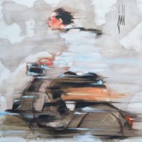 Lot 386 - David Jamin, Parisian scooter, acrylic on canvas.