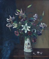 Lot 387 - M.E. Wilson, Floral still life of lillies and anemones in a vase, oil.