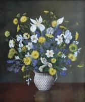 Lot 388 - M.E. Wilson, Floral still life of daisies and bluebells in a jug, oil and jug (2).