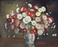 Lot 389 - M.E. Wilson, Floral still life of asters in a Chinese vase, oil.