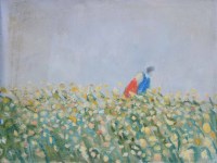 Lot 397 - Harold Riley, Figures walking in a field, oil.