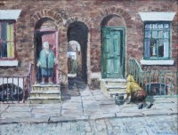 Lot 399 - Bob Richardson, Woman washing the steps, oil.