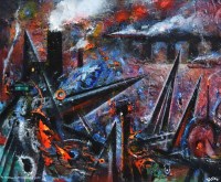 Lot 413 - David Wilde, Pig-iron Landscape; the Consuming Flames of Industry, acrylic.