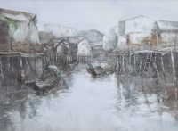 Lot 444 - Lui Ming (1950-), Chinese water town, watercolour.