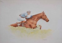 Lot 463 - Alan Brassington, Horse and jockey taking a jump, watercolour.