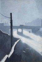 Lot 467 - Harold Riley, Moonlit townscape with lorry crossing a bridge, oil.