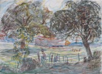 Lot 477 - Leon Underwood, Rural view with cattle, watercolour.