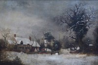Lot 530 - Hilton Lark Pratt, Snowy village scene with children rolling a snowball, oil.