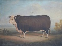 Lot 531 - D.M.H, 19th/20th century Naive School, A prize bull in a rural landscape, oil.