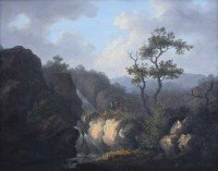 Lot 537 - Attributed to John Rathbone, River landscape with figures beside a waterfall, oil.