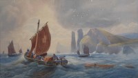 Lot 552 - J. Elliott, 19th century, Pilchard Boats off the Steeple Rocks near Trevose Head, watercolour.
