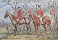 Lot 555 - J.C.H. 19th/20th century, Hunting scene with huntsmen in woodland, watercolour and ink.