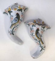 Lot 107 - Pair of Delft cornucopia wall pockets probably Liverpool, circa 1760