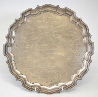 Lot 349 - Silver presentation salverof round form, piecrust