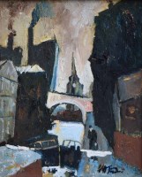 Lot 402 - William Turner, Church and Canal, Manchester, oil.
