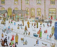 Lot 414 - Derek Davenport, Pet's Corner and Book Stalls, Shude Hill, Manchester (Lowry leaning on Police Box), oil.
