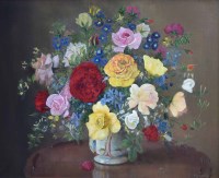 Lot 417 - M.E. Wilson, Floral still life of roses in a vase, oil.