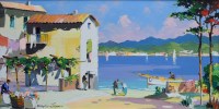 Lot 464 - C.R. Doyly-John, Coastal view with figures and boats, oil.