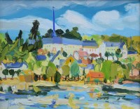 Lot 489 - James Harrigan, River scene with church, oil.