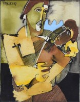 Lot 506 - Geoffrey Key, Embracing Dancers, ink and watercolour.