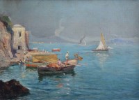 Lot 551 - Oscar Ricciardi, Fishermen in the Bay of Naples, oil.
