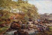 Lot 552 - J. Harrison, 19th century, Derbyshire river landscape with figure and dog, oil.