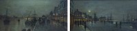 Lot 558 - Wilfred Jenkins, Moonlit quayside scenes, oil (2).