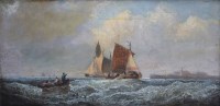 Lot 560 - William Thornley, Coastal view with various shipping, oil.