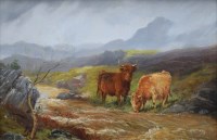 Lot 564 - Wilson Hepple, Highland cattle watering, oil.