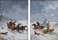Lot 565 - L. Obit, 19th century, Russian School, Snow scenes with  figures and sleighs, oil (2).