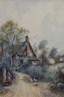 Lot 571 - Joseph Hughes Clayton, Rural lane with cottage, figure and ducks, watercolour.