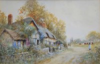 Lot 572 - Joseph Hughes Clayton, Rural lane with cottages, figures and cattle, watercolour.