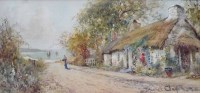 Lot 573 - Joseph Hughes Clayton, Coastal lane with cottage and figure, watercolour.