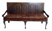 Lot 651 - Late 18th century oak and mahogany cross banded settle