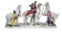 Lot 87 - Pair of Dresden Arab stallions and a Calvary horseman.