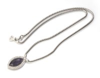 Lot 195 - 18ct white gold blue moonstone and diamond elliptical cluster pendant on integral snake link chain