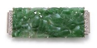 Lot 208 - Art Deco carved jadeite and diamond set rectangular panel brooch