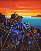 Lot 303 - David Wilde, The Last Rusting Titan; Old Slate Line, acrylic and collage.