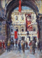 Lot 328 - Keith Gardner, Royal Academy Courtyard at Lloyd Webber Pre-Raphaelite Exhibition, oil.