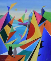 Lot 353 - David Wilde, Mickey & Friend at Bangor Boatyard, acrylic.
