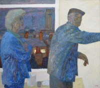 Lot 371 - Hans Schwarz, Self Portrait with Lena, Canary Wharf beyond, oil.