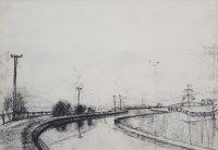 Lot 378 - Theodore Major, River with Telegraph Poles, charcoal drawing.