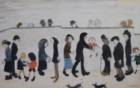 Lot 444 - After L.S. Lowry, Man Holding Child, signed print.
