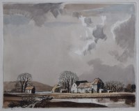 Lot 447 - Rowland Hilder, Rural landscape with farm buildings, signed etching.