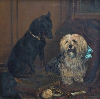 Lot 473 - Frederick Lewis, 19th century, Portrait of a doberman and a sheepdog, oil on canvas.